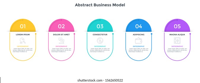 Abstract business model with 5 rounded frames placed in horizontal row. Concept of five options of startup project to choose. Simple infographic design template. Flat vector illustration for banner.