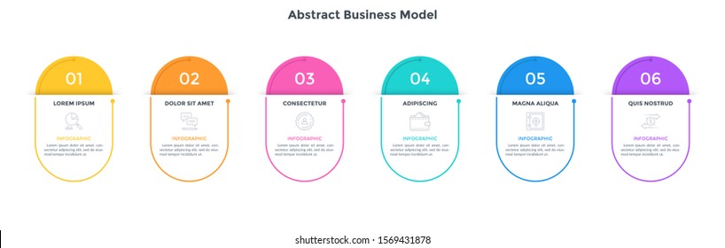 Abstract business model with 6 rounded frames placed in horizontal row. Concept of six options of startup project to choose. Simple infographic design template. Flat vector illustration for banner.