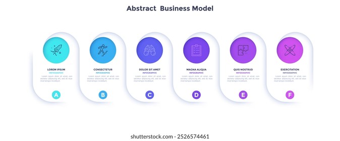 Modelo de negocio Abstractas de la Plantilla de gráficos infográficos de visualización de desarrollo. Cómo comenzar y progresar en el emprendimiento. Gráficos instructivos con diseño de secuencia de 6 pasos para páginas web y carteles