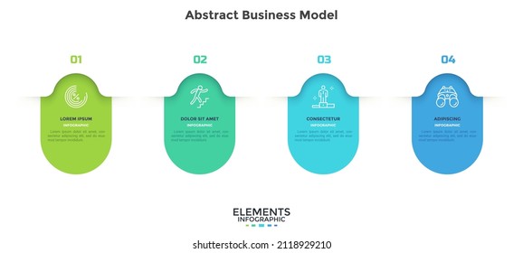 Abstract business model with four colorful elements placed in horizontal row. Concept of 4 steps of business development progress. Minimal flat vector illustration for data visualization, report.