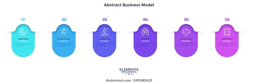 Abstract business model with six colorful elements placed in horizontal row. Concept of 6 steps of business development progress. Minimal flat vector illustration for data visualization, report.