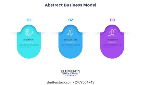 Abstract business model with three colorful elements placed in horizontal row. Concept of 3 steps of business development progress. Minimal flat vector illustration for data visualization, report.