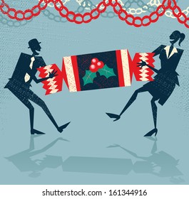 Abstract Business People Enjoy Christmas Party. Vector Illustration Of Retro Styled Businessman And Woman Pulling A Huge Christmas Cracker At Their Christmas Party To Celebrate A Year Of Success.