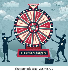 Abstract Business people with Financial Wheel of Fortune. Abstract Business take the ultimate gamble on the business futures by playing on the Financial Wheel of Fortune. 