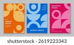 Abstract business posters with geometric pattern vector background. Retro graphic minimal art shapes cover templates set with circles and leaves pattern. Trendy geometric shapes and figures posters