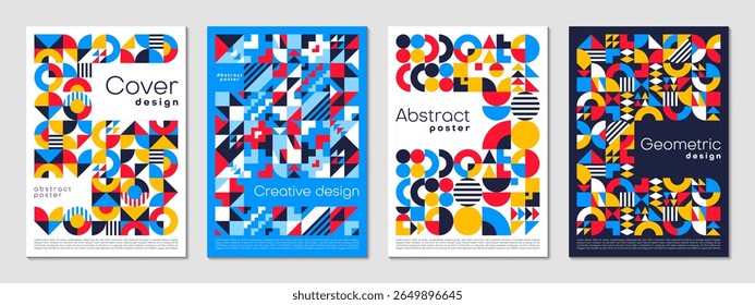 Abstract business posters with geometric pattern. Vector set of vintage art backgrounds or layout vertical templates featuring minimal circular, triangular and square shapes in red, blue and yellow.