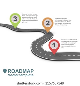 Abstract Business Roadmap Infographic With Color Pointers Vector Template. Simple Road Isolated On White Background.