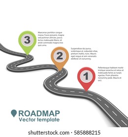 Abstract business roadmap infographic with color pointers and copy space vector template. Simple road isolated on white background.