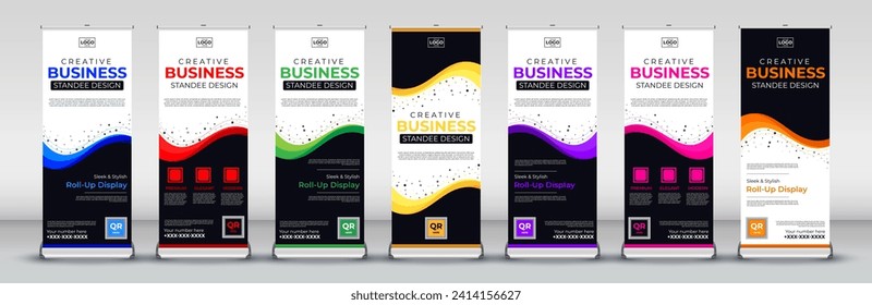 abstract Business roll up banner design for business events, annual meetings, presentations, marketing, promotions, in blue, red, green, yellow, purple, pink and orange print ready colors