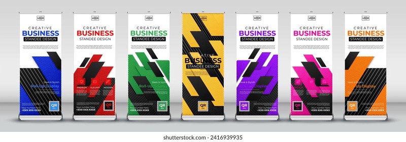 Abstract business roll up Banner Design set for signboard Advertising Template standee X banner for Street Business in red, green, blue, yellow, orange, purple, orange