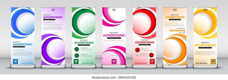 abstract business roll up Banner Signboard Advertising standee Template set in red, green, blue, yellow, orange, purple, pink