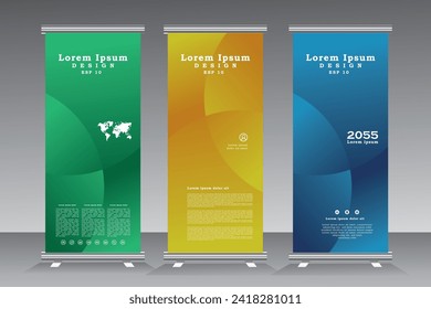 Abstract business roll Up Banner stand design template for exhibition, fair, show, exposition, expo, presentation, festival, parade, events, roll up banner blue, green, yellow,