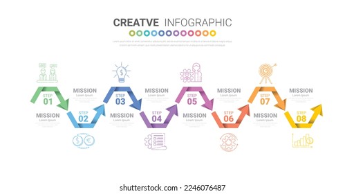 Abstrakte, abgerundete, fographische Vorlage mit 8 Optionen. Farbiges Diagramm, Timeline und Zeitplan einzeln auf hellem Hintergrund.
