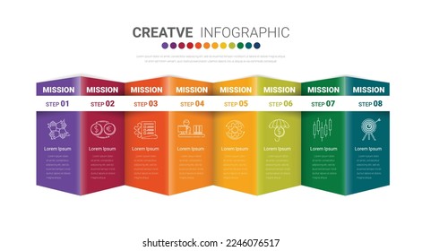 Abstract business rounded infographic template with 8 options. Colorful diagram, timeline and schedule isolated on light background.