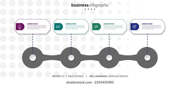 Resumen de plantilla infográfica redondeada de negocios con 4 opciones. Diagrama colorido, cronología y programación aislados en el fondo de la luz.
