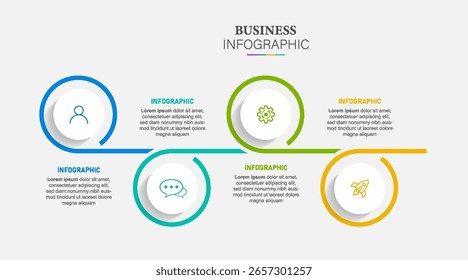Modelo de infográfico arredondado de negócios abstrato com 4 opções. Diagrama colorido, linha do tempo e agenda isolados no fundo claro.