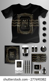 Abstract  business set in Art deco style. Corporate identity templates, notebook, card, flag, T-shirt, package, matches, ink, pencil, paper cup, invitation card
