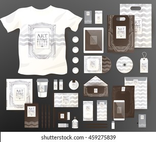 Abstract  business set in Art deco style . Corporate identity templates, notebook, card, flag, T-shirt, disk, package,  label, envelope, pen, Tablet PC, Mobile Phone, matches, ink, pencil, paper cup