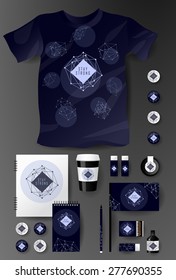 Abstract  business set in cosmic polygonal style. Corporate identity templates, notebook, card, flag, T-shirt, package, matches, ink, pencil, paper cup, invitation card