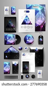 Abstract  business set in cosmic polygonal style. Corporate identity templates, card, disk, package, label, envelope, pen, Tablet PC, Mobile Phone, pencil, folders for documents, invitation card