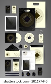 Abstract  business set in cosmic polygonal style. Corporate identity templates, card, disk, package, label, envelope, pen, Tablet PC, Mobile Phone, pencil, folders for documents, invitation card