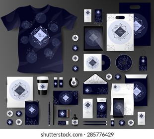 Abstract  business set in cosmic polygonal style. Corporate identity templates, notebook, card, flag, T-shirt, disk, package,  label, envelope, pen, Tablet PC, Mobile Phone
