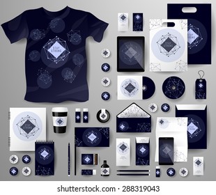Abstract  business set in cosmic polygonal style. Corporate identity templates, notebook, card, flag, T-shirt, disk, package,  label, envelope, pen, Tablet PC, Mobile Phone, matches, ink