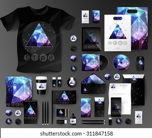 Abstract  business set in cosmic polygonal style. Corporate identity templates, notebook, card, flag, T-shirt, disk, package,  label, envelope, pen, Tablet PC, Mobile Phone, matches, ink
