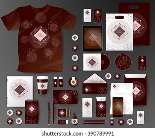 Abstract  business set in cosmic polygonal style. Corporate identity templates, notebook, card, flag, T-shirt, disk, package,  label, envelope, pen, Tablet PC, Mobile Phone, matches, ink, pencil