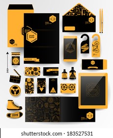 Abstract  business set in hipster style. Corporate identity templates: blank, business cards, badge, envelope, pen, Folder for documents, Tablet PC,  Mobile Phone