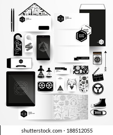 Abstract  business set in hipster style. Corporate identity templates: blank, business cards, badge, envelope, pen, Folder for documents, Tablet PC,  Mobile Phone