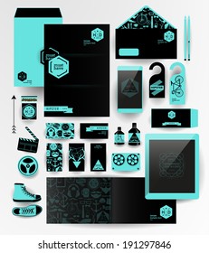 Abstract  business set in hipster style. Corporate identity templates: blank, business cards, badge, envelope, pen, Folder for documents, Tablet PC,  Mobile Phone