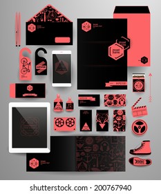 Abstract  business set in hipster style. Corporate identity templates: blank, business cards, badge, envelope, pen, Folder for documents, Tablet PC,  Mobile Phone