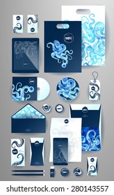 Abstract  business set with octopus. Corporate identity templates, card, disk, package, label, envelope, pen, Tablet PC, Mobile Phone, pencil, folders for documents, invitation card