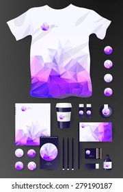 Abstract  business set in polygonal style. Corporate identity templates, notebook, card, flag, T-shirt, package, matches, ink, pencil, paper cup, invitation card