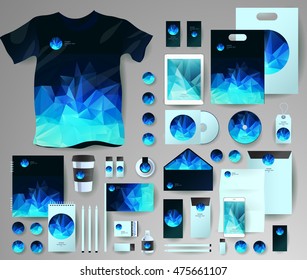 Abstract business set in polygonal style. Corporate identity templates, notebook, card, flag, T-shirt, disk, package, label, envelope, pen, Tablet PC