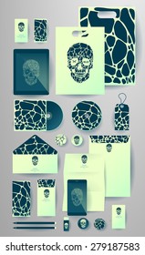 Abstract  business set with skull and bubble. Corporate identity templates, card, disk, package, label, envelope, pen, Tablet PC, Mobile Phone, pencil, folders for documents, invitation card