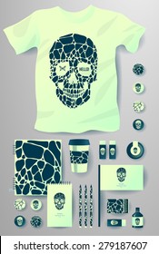 Abstract  business set with skull and bubble. Corporate identity templates, notebook, card, flag, T-shirt, package, matches, ink, pencil, paper cup, invitation card