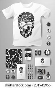 Abstract  business set with skull and bubble. Corporate identity templates, notebook, card, flag, T-shirt, package, matches, ink, pencil, paper cup, invitation card