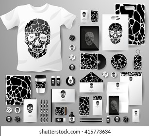 Abstract  business set with skull and bubble . Corporate identity templates, notebook, card, flag, T-shirt, disk, package,  label, envelope, pen, Tablet PC
