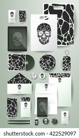 Abstract  business set with skull and bubble. Corporate identity templates, card, disk, package, label, envelope, pen, Tablet PC, Mobile Phone, pencil, folders for documents, invitation card