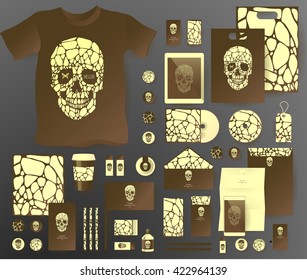 Abstract  business set with skull and bubble . Corporate identity templates, notebook, card, flag, T-shirt, disk, package,  label, envelope, pen, Tablet PC