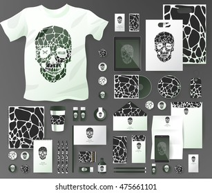 Abstract business set with skull and bubble . Corporate identity templates, notebook, card, flag, T-shirt, disk, package, label, envelope, pen, Tablet PC