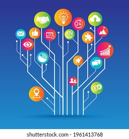 Abstract business and social media icons in circles. Tree with bubble network technology icon. vector illustration in flat style modern design. isolated on blue background.