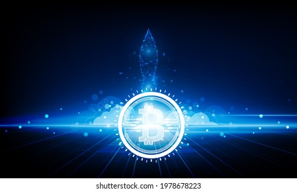 Abstract Business Start up launching product with rocket concept. Light out technology background Hitech communication Bitcoin in futuristic concept innovation background,  vector design