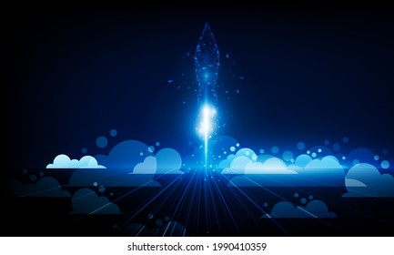 Abstract Business Start up launching product with rocket concept. Light out technology background Hitech communication Bitcoin in futuristic concept innovation background,  vector design