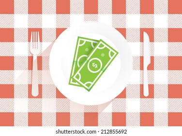 Abstract business success lunch with dollars on the plate. Idea - Division of property during divorce, Business lunch, negotiations, success etc. 