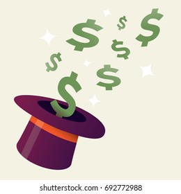 Abstract business success magic hat with money - dollar symbols. Idea - Success, Lottery winning big prize, unfair or deceptive business, business tricks etc.