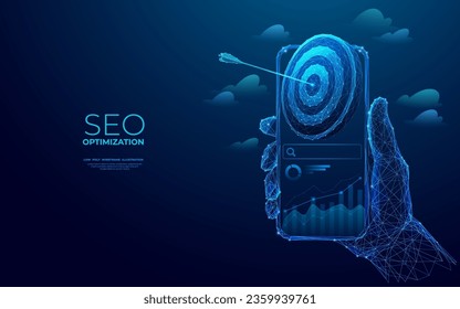 Abstract business target with bow arrow in a bullseye on smartphone screen. Hand holding phone with target hologram. Digital SEO optimization concept. Futuristic low poly wireframe vector illustration