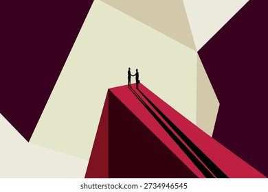 Abstract business teamwork concept with two people on bridge representing partnership success and leadership on transparent background
